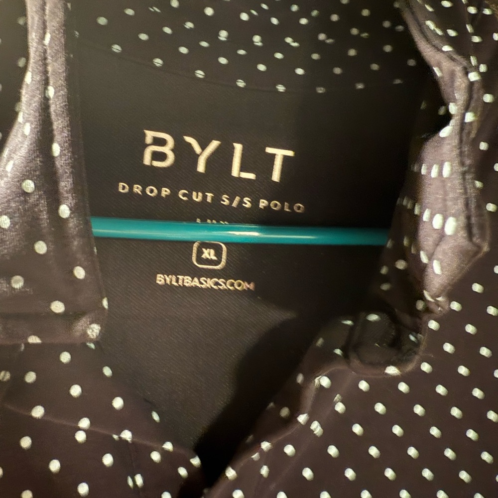 BYLT Dark Blue and White Polka Dot Polo